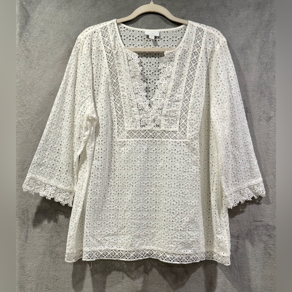 J Jill Eyelet Tunic Blouse Pullover Size L White Cottagecore Peasant Boho